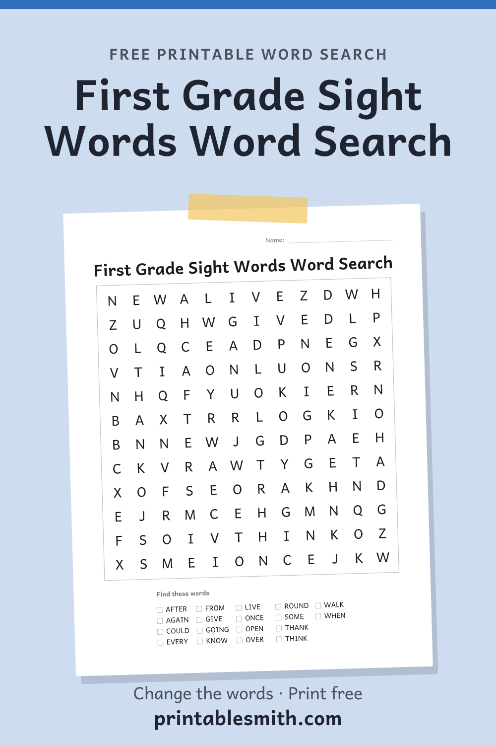 First Grade Sight Words Word Search: printable puzzle with 18 words to find, from a free word search maker