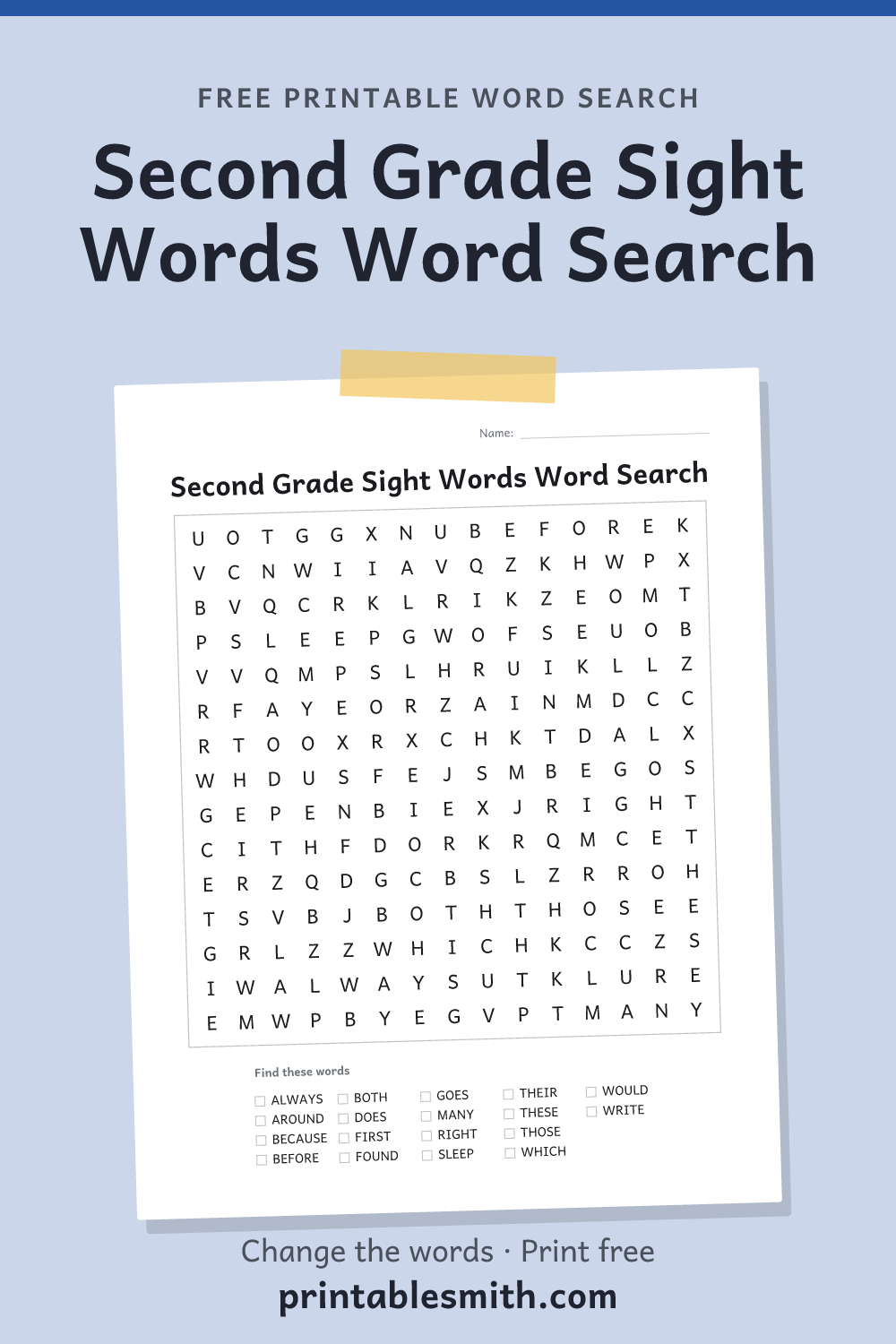 Second Grade Sight Words Word Search: printable puzzle with 18 words to find, from a free word search maker