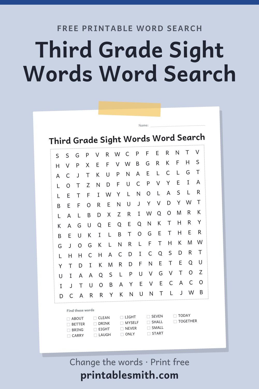 Third Grade Sight Words Word Search: printable puzzle with 18 words to find, from a free word search maker
