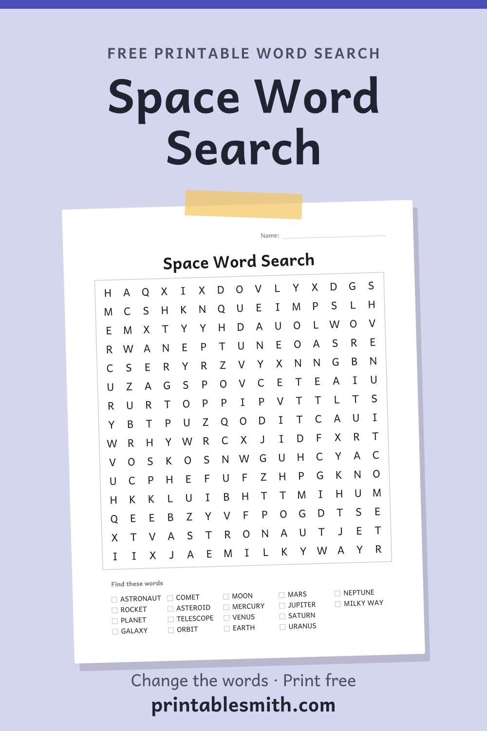 Space Word Search: printable puzzle with 18 words to find, from a free word search maker