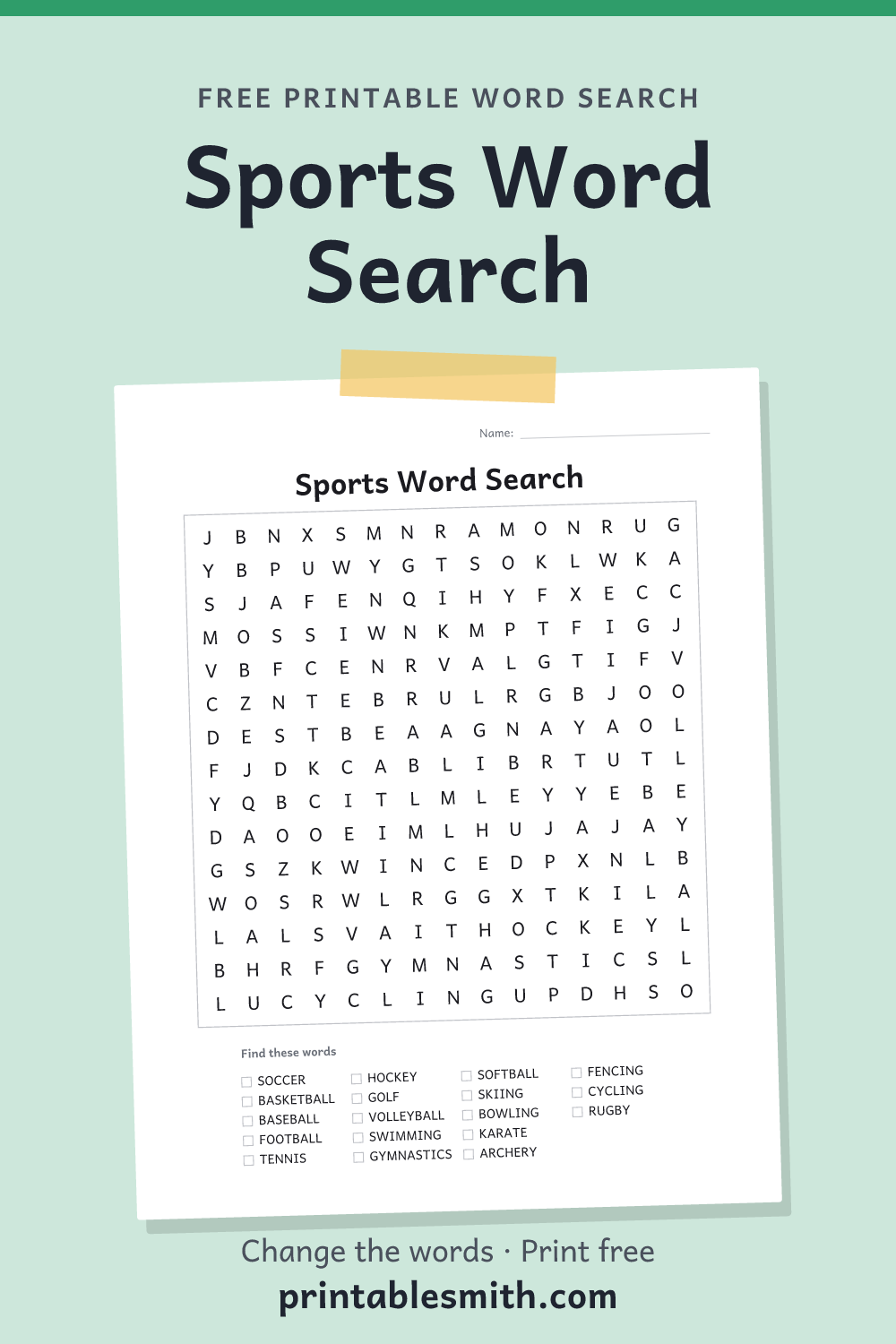 Sports Word Search: printable puzzle with 18 words to find, from a free word search maker