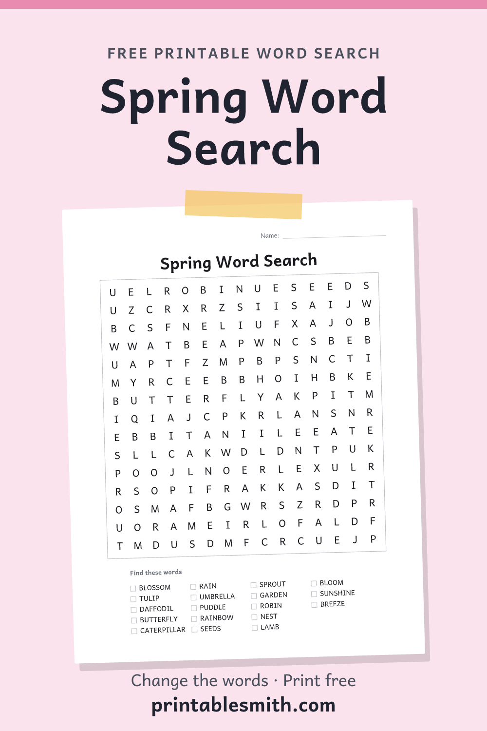 Spring Word Search: printable puzzle with 18 words to find, from a free word search maker