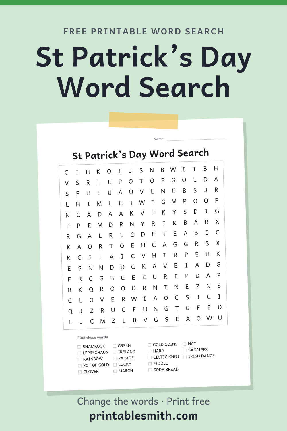 St Patrick’s Day Word Search: printable puzzle with 18 words to find, from a free word search maker