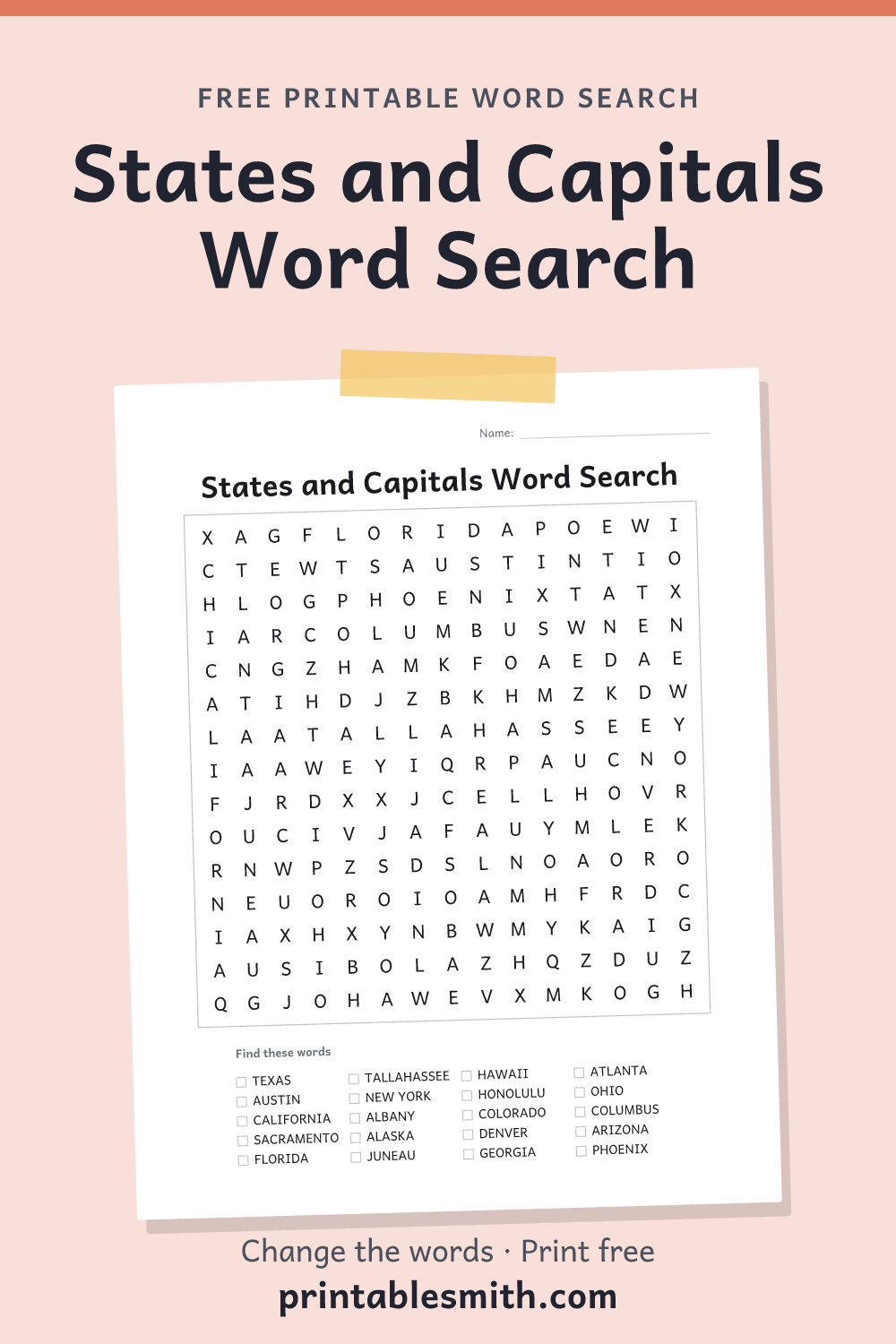 States and Capitals Word Search: printable puzzle with 20 words to find, from a free word search maker