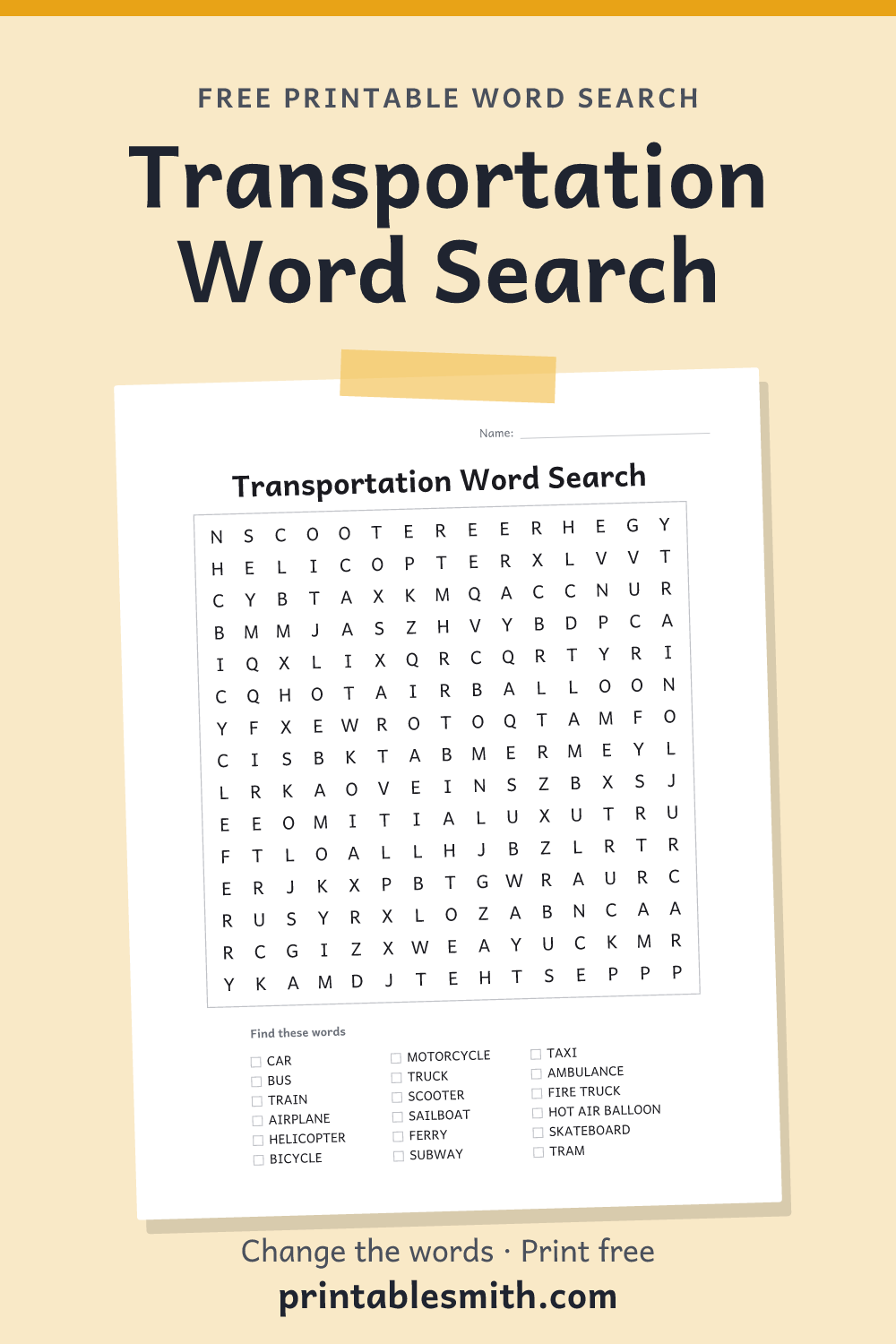 Transportation Word Search: printable puzzle with 18 words to find, from a free word search maker