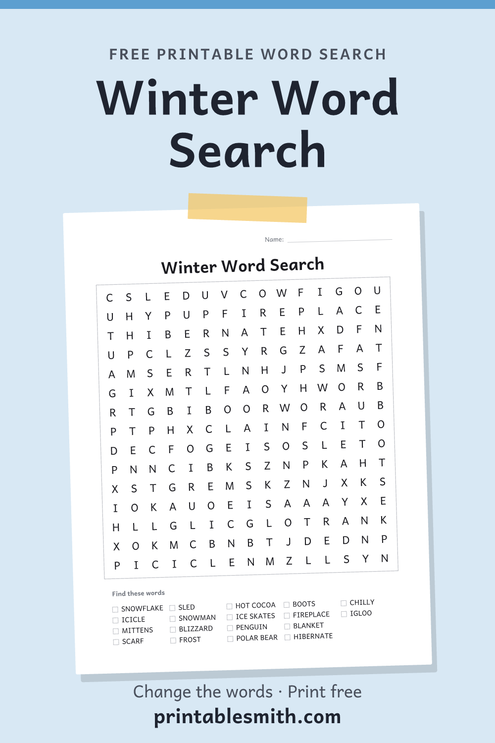 Winter Word Search: printable puzzle with 18 words to find, from a free word search maker